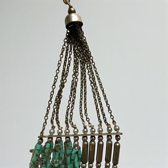 Turquoise Glass Silver Tone Seed Bead Bib Multi Strand Necklace Boho - Picture 8 of 12